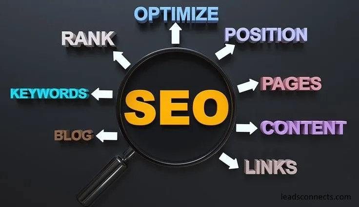 Illustration of Search Engine Optimization (SEO) showing a magnifying glass with “SEO” in the center, surrounded by related elements such as keywords, content, links, pages, rank, position, blog, and optimization concepts.